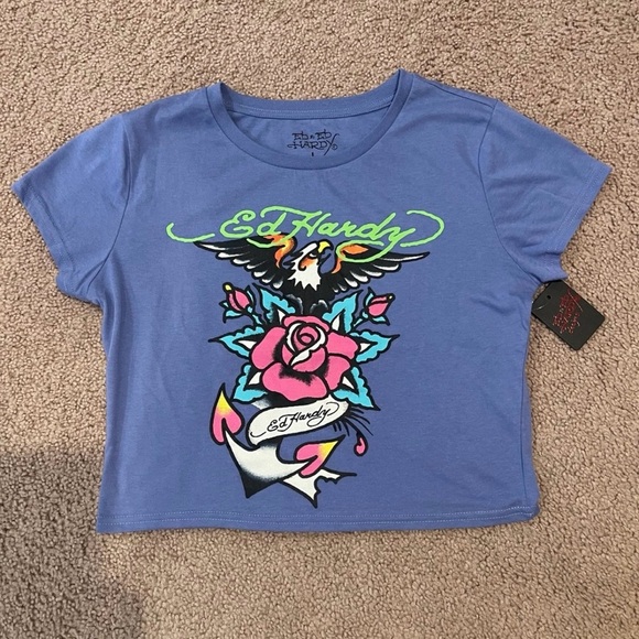 ED HARDY Pale Blue Graphic Print Crop Top Tee - Picture 2 of 9